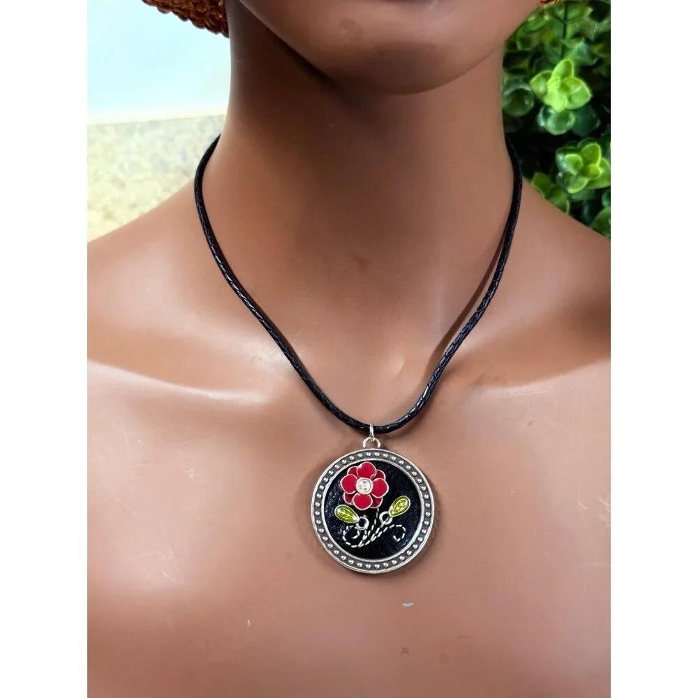 Brighton Black Cord Flower‎ Pendant Necklace
